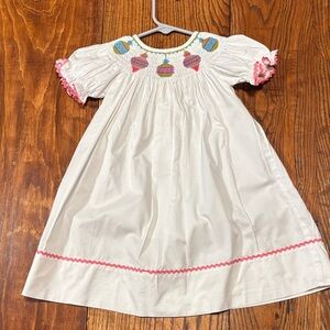 Avavini Hand Smocked White Dress W/Pink And Blue Embroidered Christmas Deco 18M